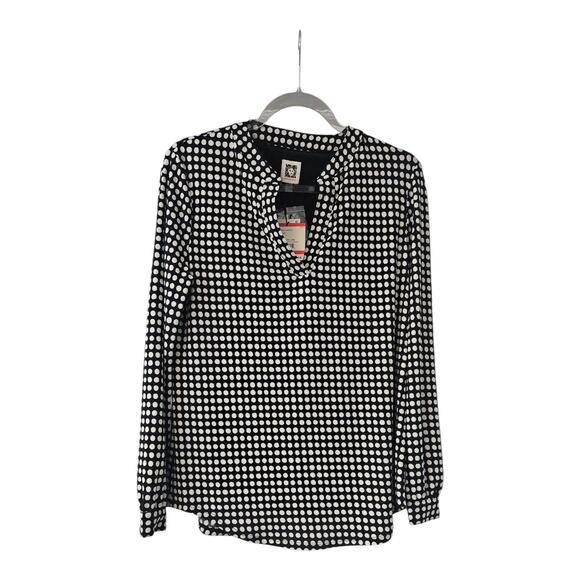 Anne Klein NWT Womens XS Blouse Polka Dot Stretch Split V-Neck L/S Button Cuffs - Picture 1 of 9